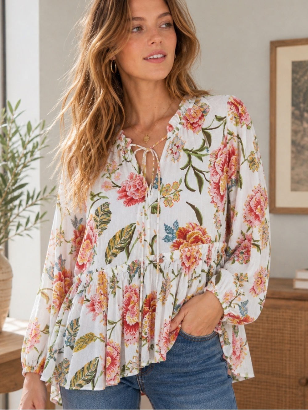 LOFT Floral Peplum Blouse XS Boho Cottagecore Long Sleeve Tie Neck Top
